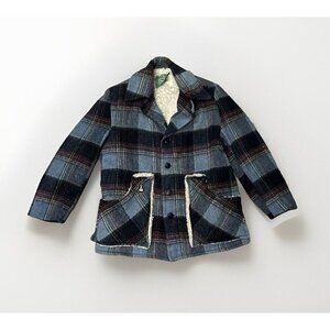 Vtg Canadian Camper Coat Mens Large Blue 70’s Shacket Plaid Sherpa Lined